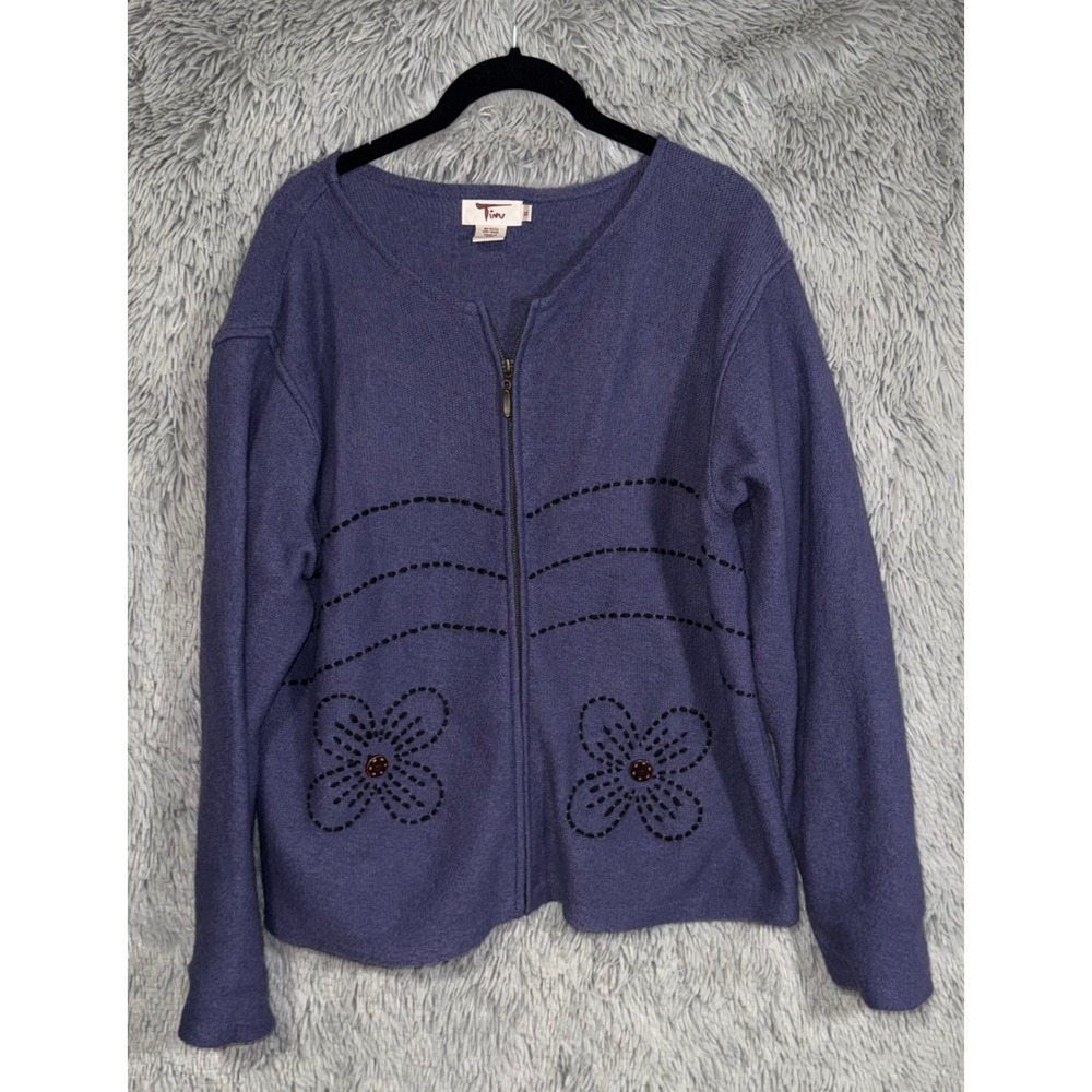 Timu Purple Wool Cardigan Sweater Floral‎ Embellishment Zip Front Women XL